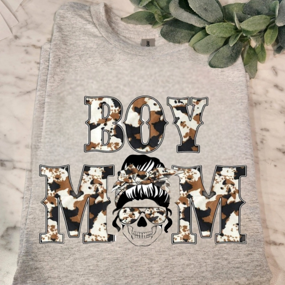 Boy mom shirt cow print cute popular trending messy bun skull mama